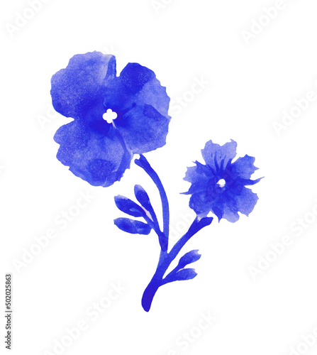 Watercolor bright blue-lilac hydrangea flower-head on white