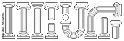 Greek ancient column, pillar, pedestal in outline contemporary style. Black and white colors.