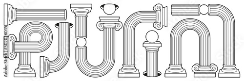 Greek ancient column, pillar, pedestal in outline contemporary style. Black and white colors.