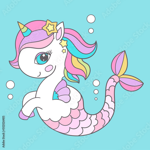 Baby unicorn seahorse with rainbow mane. Cute cartoon character. For children's design of prints, posters, postcards, stickers, cards and so on. Vector