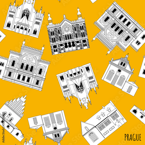 Synagogues in Prague (Czech Republic). Pinkas Synagogue, Spanish Synagogue, Old New Synagogue, Maisel Synagogue, Jubilee Synagogue, Klausen Synagogue. Seamless background pattern.