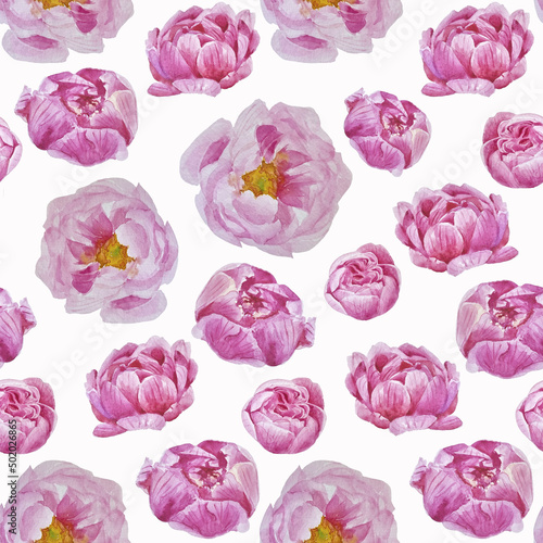 Watercolor hand drawn floral seamless pattern with peonies