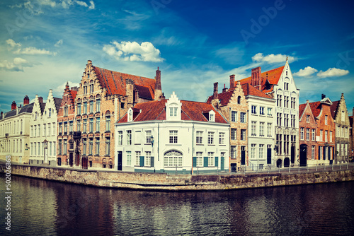 Benelux Europe Belgium tourist Travel concept - Bruges canal and old historic houses of medieval architecture. Brugge, Belgium