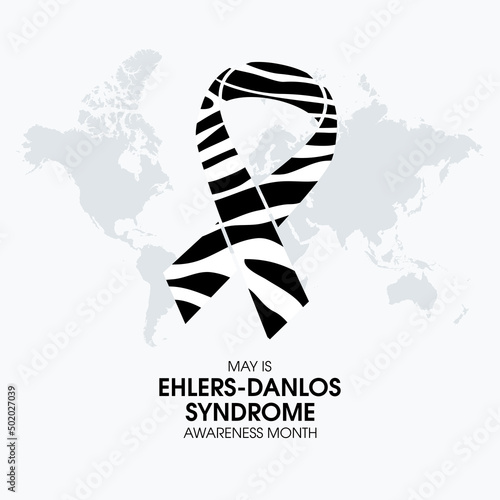 May is Ehlers Danlos syndrome awareness month vector. Zebra awareness ribbon and world map icon vector. Important day photo