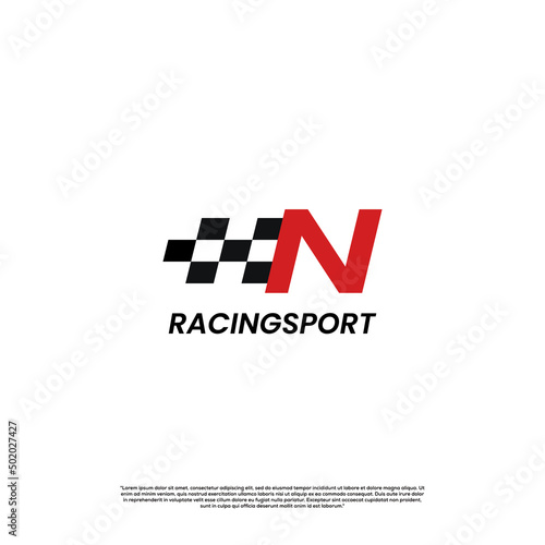 letter N with racing flag icon template logo design