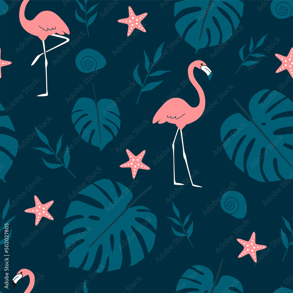 Summer pattern. Vector seamless pattern with summer symbols, such as flamingo, tropical leaves, and starfish in doodle style. Summer pattern. Vector seamless pattern with summer symbols, such as flamingo, tropical leaves, and starfish in doodle style.