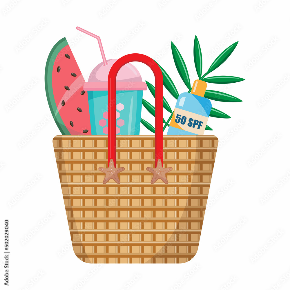 Wicker basket with watermelon, cocktail, sun cream and palm branch Wicker basket with watermelon, cocktail, sun cream and palm branch