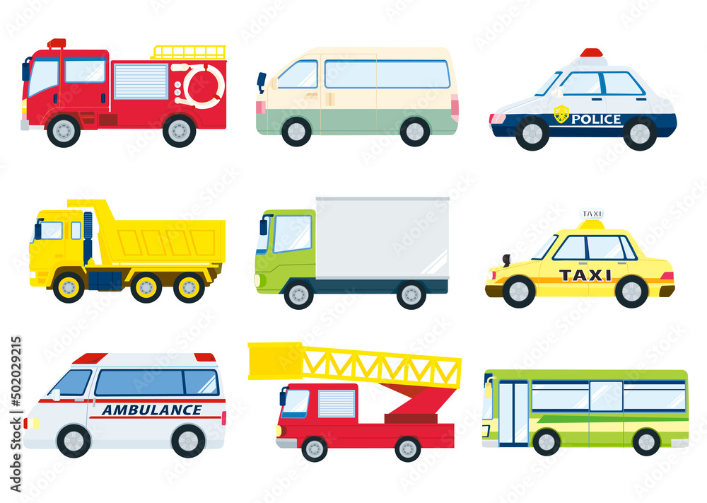 はたらく車 素材 セット 消防車 パトカー タクシー 救急車 バス ダンプカー トラック はしご車 Stock Vector Adobe Stock