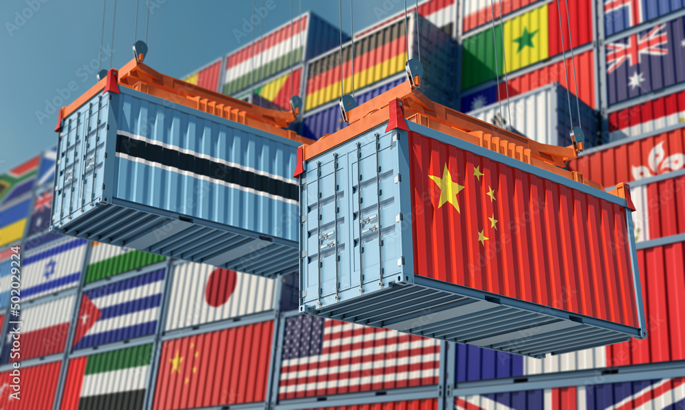 Cargo containers with China and Botswana national flags. 3D Rendering
