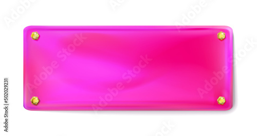 Pink rectangular painted plate with gold bolt or screws isolated. Vector illustration Eps10.