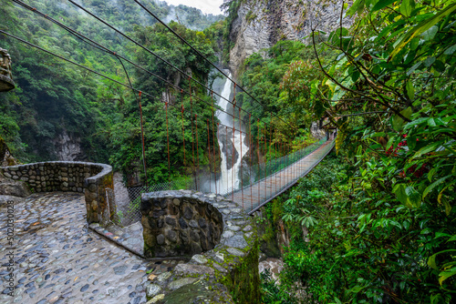 Suspended bridge in El Pailon del Diablo waterfall in Banos Santa Agua, Ecuador. South America. photo