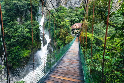 Suspended bridge in El Pailon del Diablo waterfall in Banos Santa Agua, Ecuador. South America. photo