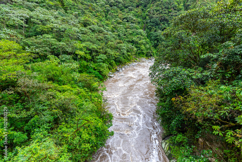 El Pailon del Diablo waterfall in Banos Santa Agua, Ecuador. South America.