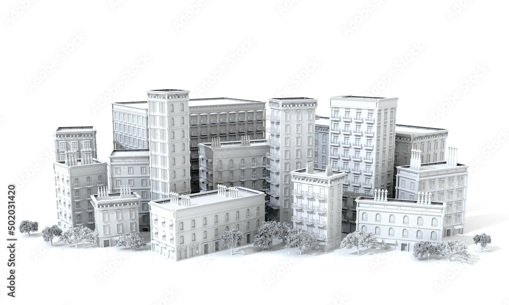 Beautiful city with periodic buildings. 3D rendering illustration