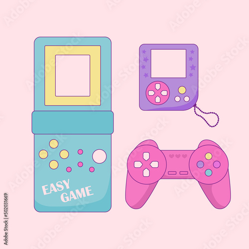 Retro portable pocket games of 90s with stars and hearts vector illustration.