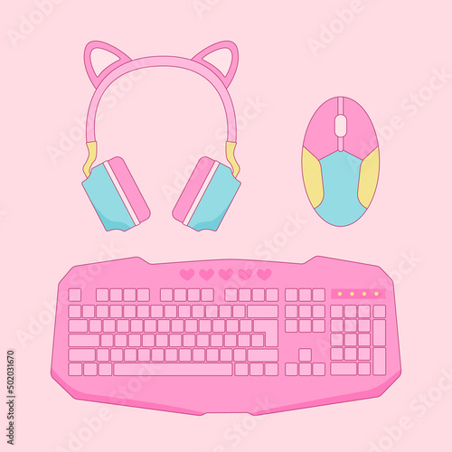 Pink Rerto Gamer Girl elements set. Vintage pink computer game equipment - mouse, keyboard and headphones vector illustration.