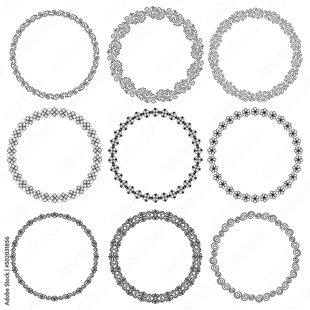 Collection of vintage vector round drawn ink frames in art deco style