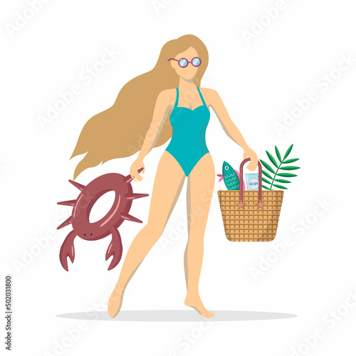a girl in a swimsuit with a lifebuoy and a beach bag