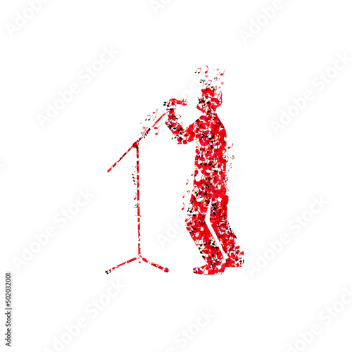 Man with microphone made of musical notes. Red musical notes singer performer vector illustration design for live concert events, music festivals and standup shows posters, party flyers
