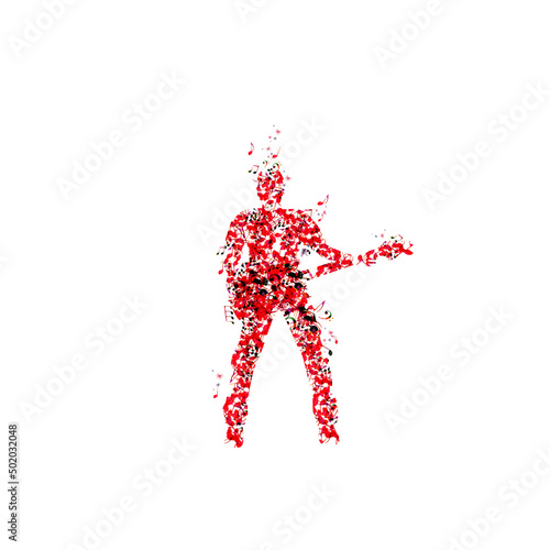 Man playing guitar made of musical notes. Red musical notes guitarist vector illustration design for live concert events, music festivals and shows posters, party flyers