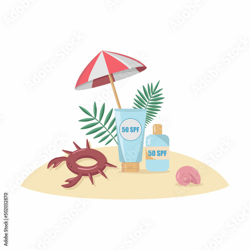 Bottles of sunscreen on the beach