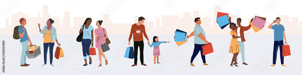 Shopper people walk with shopping bags full of purchases set vector illustration. Cartoon family customers with kids, man and woman buy gifts in store isolated on white. Shop, lifestyle concept