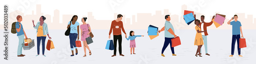 Shopper people walk with shopping bags full of purchases set vector illustration. Cartoon family customers with kids, man and woman buy gifts in store isolated on white. Shop, lifestyle concept