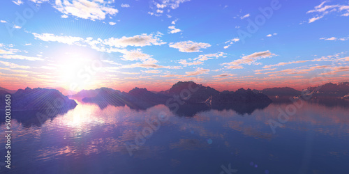 above islands in sea sunset, illustration