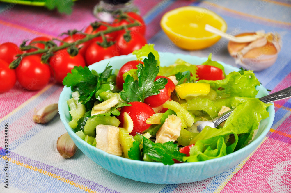 Fresh summer salad with fresh tomato and chicken.