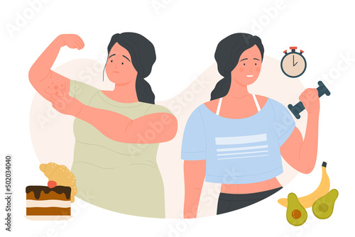 Before and after fitness weight loss program. Healthy balanced diet, fat and slim woman cartoon vector illustration