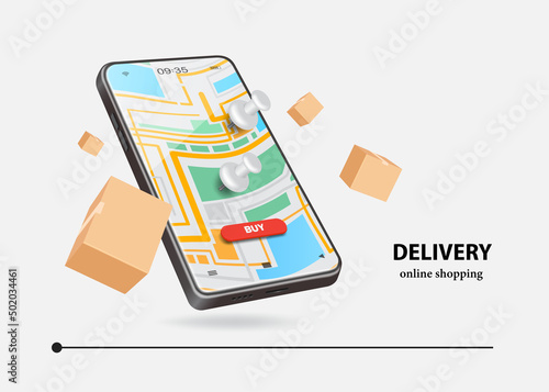 Pin on GPS map located on smartphone screen and pinned down in various places where parcels will be delivered to customers and there were boxs floating around,vector for delivery and online shopping