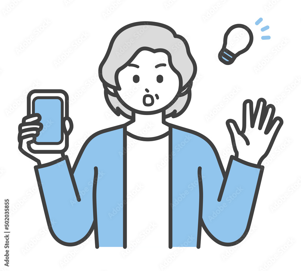 高齢女性がスマートフォンを片手で持つイラスト素材