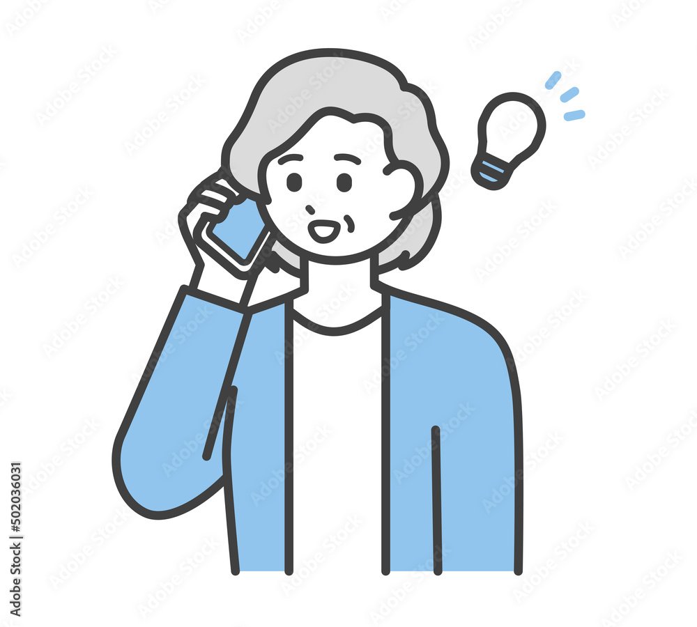 高齢女性がスマートフォンで連絡するイラスト素材