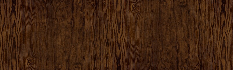 Dark brown wood grain wide panoramic texture. Natural larch plywood large backdrop. Wooden surface abstract rustic banner background