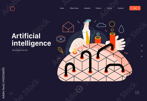 Technology Memphis - Artificial intelligence - modern flat vector concept digital illustration Artificial Intelligence metaphor. Business workflow management. Creative landing web page template