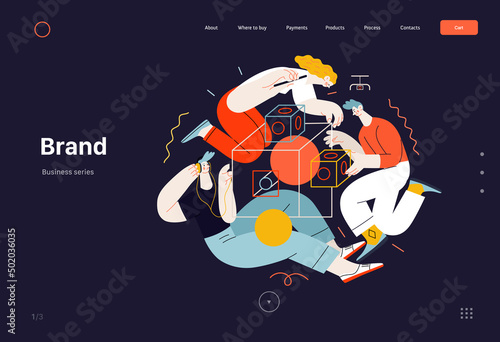 Technology Memphis - Brand modern flat vector concept digital illustration branding metaphor, company brand promotion. Business workflow and team management. Creative landing web page template