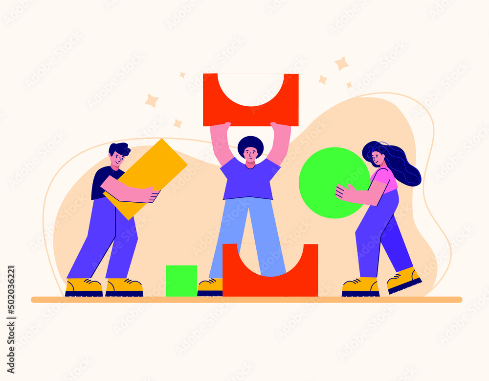 Teamwork, collaboration and cooperation concept. Group of young people business colleagues cartoon characters fixing pieces of one puzzle together as team members vector illustration