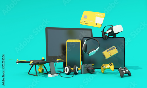 online shopping concept about electronics and gadgets in modern promotion period of new models consist of phone, vr, headphone, with drone and credit card on green background. realistic 3d rendering photo