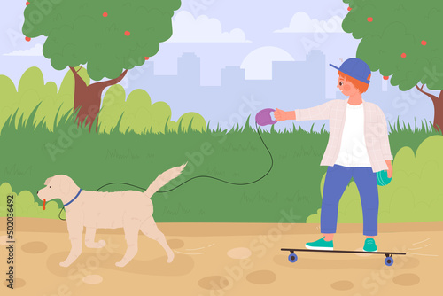 Kid walking dog on leash and skateboarding vector illustration. Cartoon active boy playing with cute puppy on green city park, child riding skateboard background. Outdoor activity, sports concept