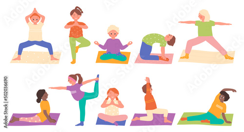 Yoga poses of cute kids set vector illustration. Cartoon children sit on gym mats, girls and boys stretching in asanas, school friends meditating isolated on white. Physical education, sport concept