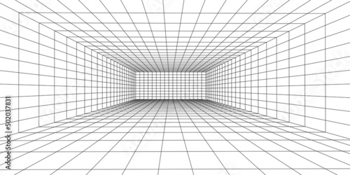 3D wireframe room white on blue background. Abstract perspective grid. Vector illustration.