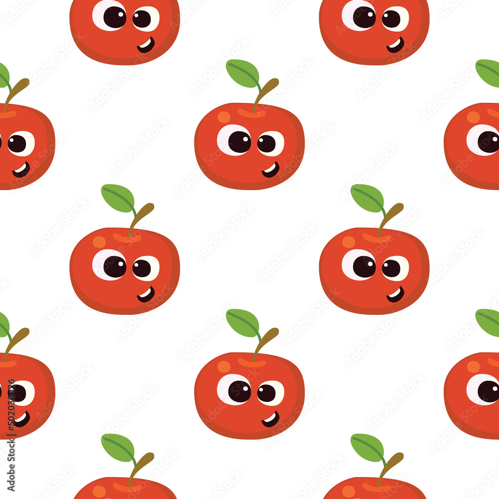 Fruit baby cartoon seamless pattern. Apple character with cute face pattern. Food background for kids wear or toys Fruit baby cartoon seamless pattern. Apple character with cute face pattern. Food background for kids wear or toys