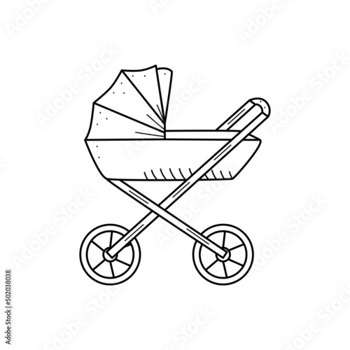 Baby stroller for walking cartoon doodle style. Vector illustration cradle newborn.