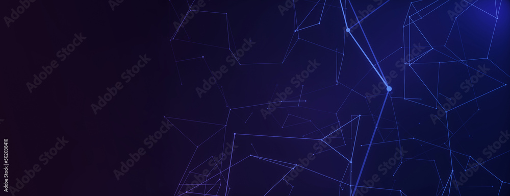 Panoramic abstract background of connecting dots as plexus in blue and purple.