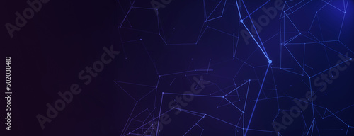 Panoramic abstract background of connecting dots as plexus in blue and purple.