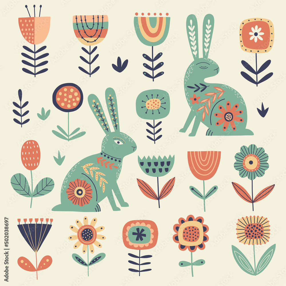 Big set of vector flowers, rabbits  in folklore style. Set of Easter elements. Doodle illustrations with stylized decorative floral elements. Good for posters, t shirts, postcards.
