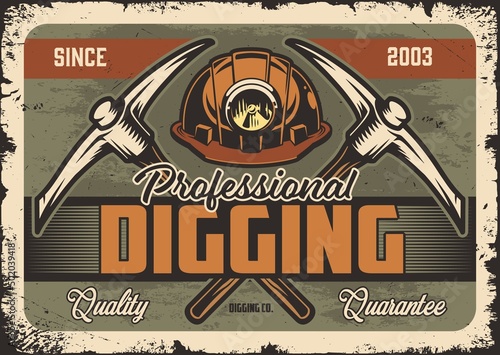 Digging horizontal vintage postal stamp