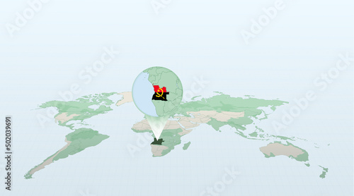 World map in perspective showing the location of the country Angola with detailed map with flag of Angola.