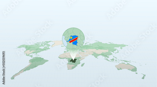 World map in perspective showing the location of the country DR Congo with detailed map with flag of DR Congo.