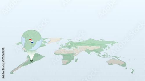 World map in perspective showing the location of the country Paraguay with detailed map with flag of Paraguay.